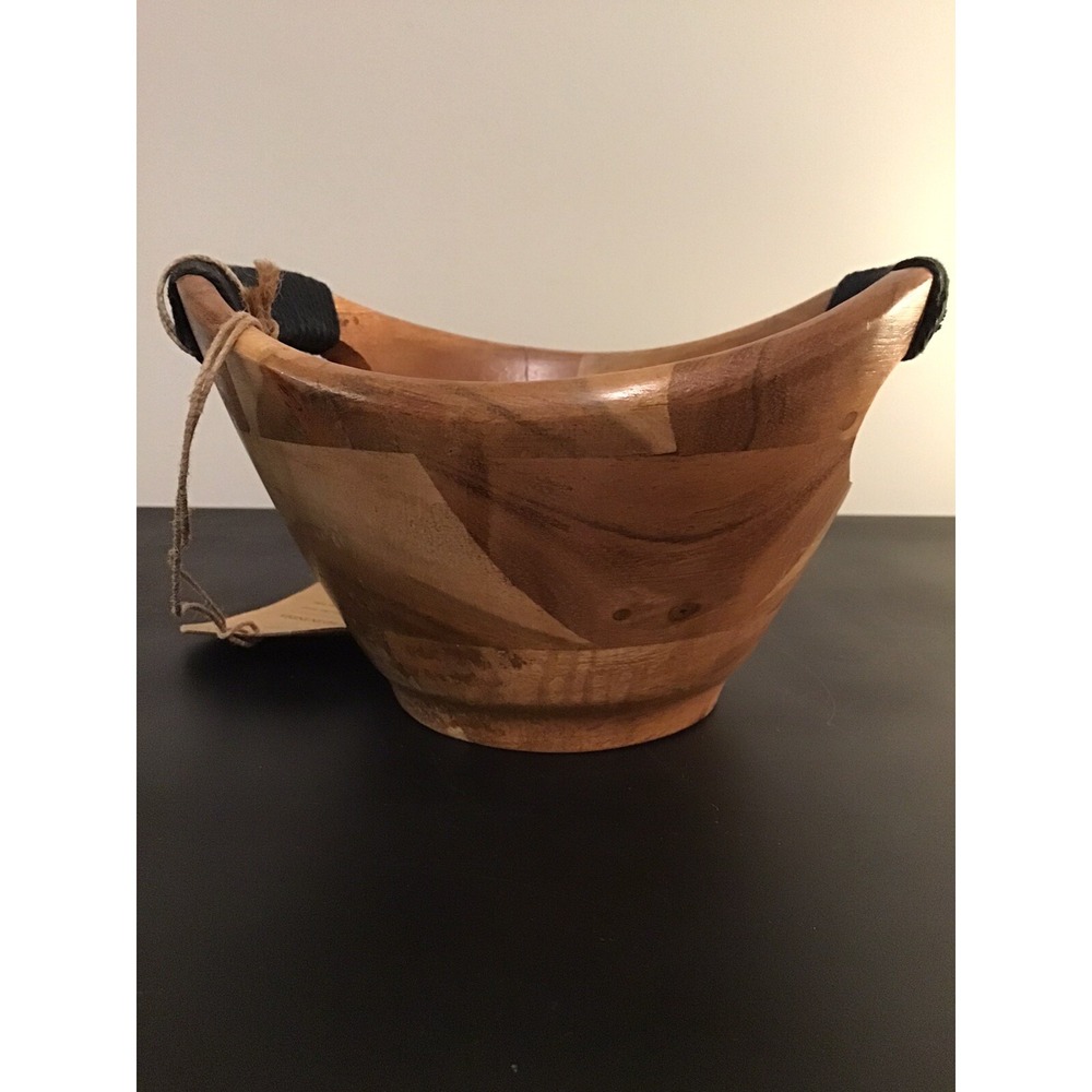 NEW Indian Wooden Bowl Handcrafted by India Artisans Handles 7 X 5.5